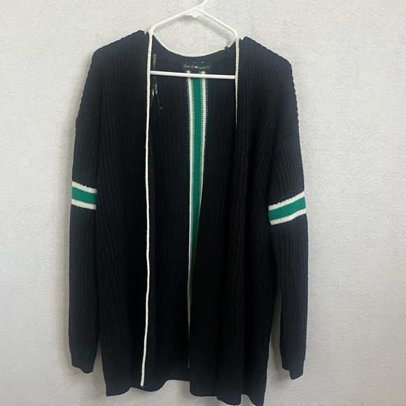 Derek Heart Sweaters - Open Front Knit Cardigan - Navy with Green & Cream Stripe Detail